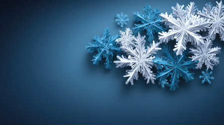 Modern Christmas background with geometric ornaments, snowflakes and stars on navy blue with center copy spaceの素材