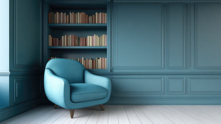 Reading corner with built-in bookshelves and armchair, clean area for text overlayの素材