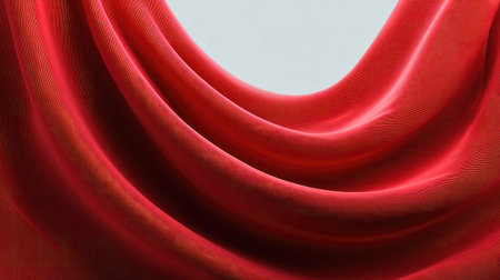 Red fabric texture background with wavy folds and soft shadows forming abstract patterns, blank centerの素材