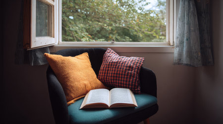 Scandinavian-style reading nook with natural light, open book, cushions, and copy space beside the chairの素材