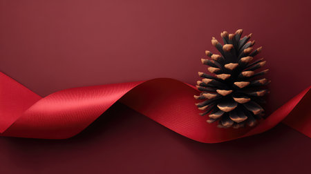 Rich red velvet background with single pine cone and ribbon placed in corner, minimalist design with open spaceの素材