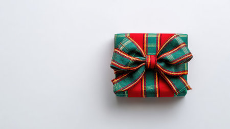 Single Christmas present with plaid bow on white surface, minimal style with clean composition and copy spaceの素材