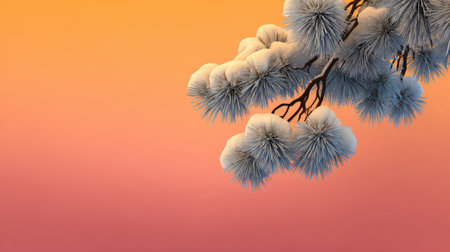 Snow-covered pine branches hanging from the top edge over a soft gradient background, clean and festiveの素材
