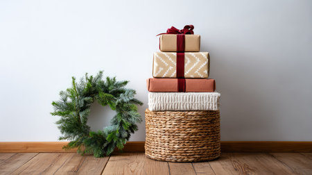 Stack of wrapped gifts beside a holiday wreath on wooden floor, cozy home vibe with soft natural light and copy areaの素材
