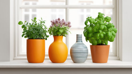 Sunny windowsill with potted plants, vases, and blank light wall for overlay designの素材