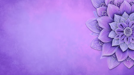 Stylized floral mandala in soft violet hues centered on textured background with space aroundの素材