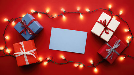 Top-down photo of gift boxes on red paper with sparkling fairy lights around the edge, blank center for textの素材