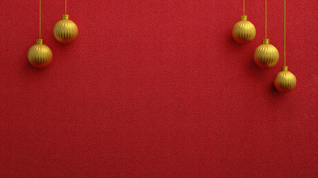 Textured red surface with subtle snowflakes in pattern and gold Christmas baubles hanging from top edgeの素材