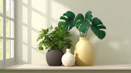 Sunny windowsill with potted plants, vases, and blank light wall for overlay designの素材