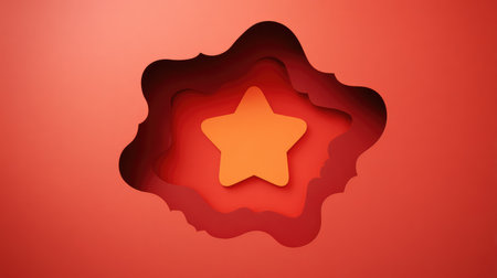 Top-down view of layered red paper cut background with dimensional shapes and space in the middleの素材