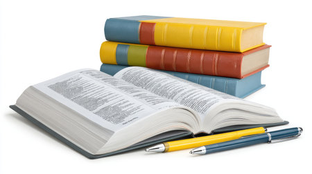 Translation service concept with multiple language books, notepad, and pens, clear white spaceの素材