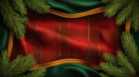 Traditional Christmas background with red plaid fabric, green fir branches, and gold ribbon borders, leaving a blank center areaの素材