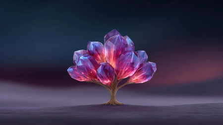 Tree of life made of crystals and light reflections, placed on a soft focus gradient background with spaceの素材