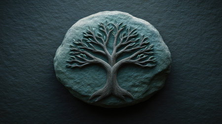 Tree of life carved into stone texture, ancient design style with natural elements and empty spaceの素材