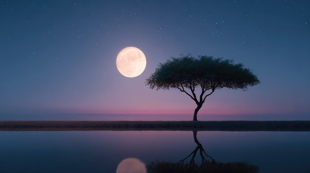 Tree of life silhouette reflected in water under glowing moonlight, nature scene with space aboveの素材