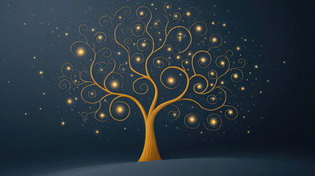 Whimsical tree of life with swirling branches and stars in the sky, dreamy theme with space aroundの素材