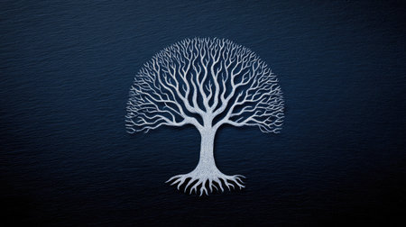Tree of life made of white lines on a dark chalkboard background, educational or symbolic layout with copy spaceの素材