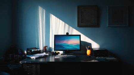 Work-from-home desk with monitor, stationery, and whiteboard, plenty of negative spaceの素材