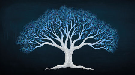 Tree of life made of white lines on a dark chalkboard background, educational or symbolic layout with copy spaceの素材