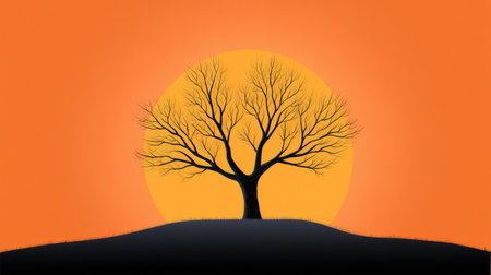 Tree of life silhouette on a hill at sunset, warm glowing sky with empty area above for designの素材