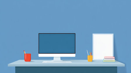 Work-from-home desk with monitor, stationery, and whiteboard, plenty of negative spaceの素材