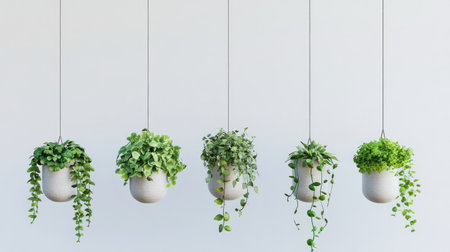 A set of hanging decorative planters with vibrant green plants, minimalist background and ample space for your design or message.の素材