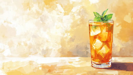 A tall glass of iced green tea with ice cubes and mint leaves, placed on a stone counter with plenty of space around.の素材
