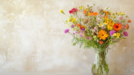 A vibrant mix of wildflowers and greenery arranged in a glass vase, placed on a neutral-colored surface with plenty of room for copy.の素材