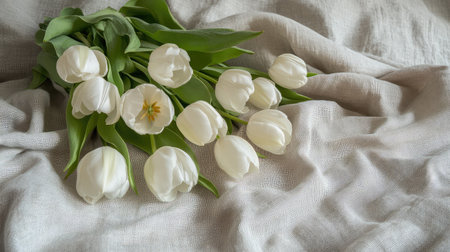 A simple yet elegant display of white tulips and green foliage, arranged on a light-colored fabric with room for text.の素材
