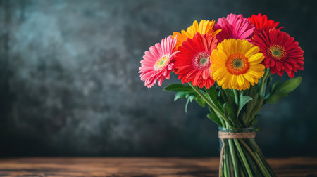 A vibrant bouquet of mixed seasonal flowers with bright reds, oranges, and yellows, arranged on a wooden table, leaving plenty of space for text.の素材