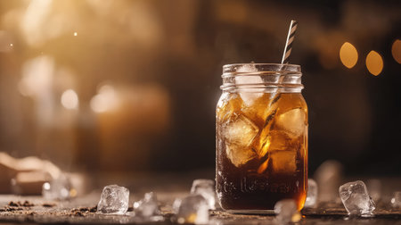 Cold brew coffee in mason jar with straw and ice cubes, bright background with space.の素材