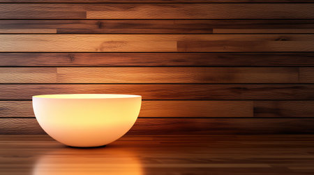 A soft, glowing night light in a cozy setting, with light reflections on a wooden surface, leaving plenty of space for text or branding.の素材