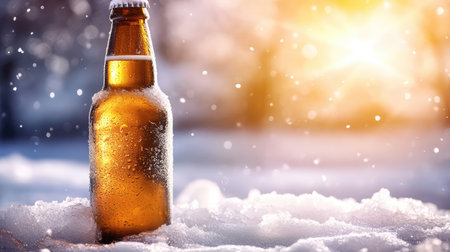 Close-up of a cold beer bottle in crushed ice with bright summer vibe and plenty of copy space.の素材