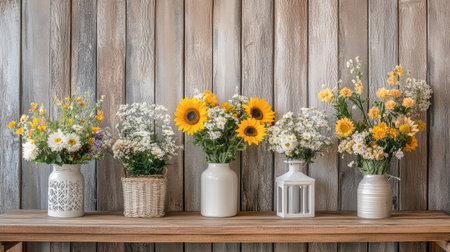 A rustic floral decoration featuring sunflowers and wildflowers, arranged on a wooden table with soft lighting and space for your design.の素材
