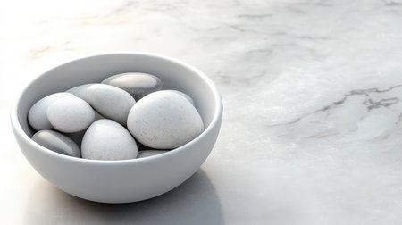 A white ceramic bowl filled with decorative stones, placed on a marble surface with soft lighting and clear space around it.の素材