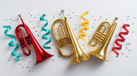 Celebration horns, ribbons, and glitter arranged on blank backdropの素材