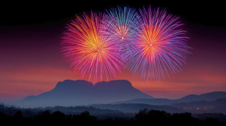 Bright fireworks over mountains with open sky for overlay textの素材