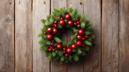 Top-down view of Christmas wreath on rustic door with open centerの素材
