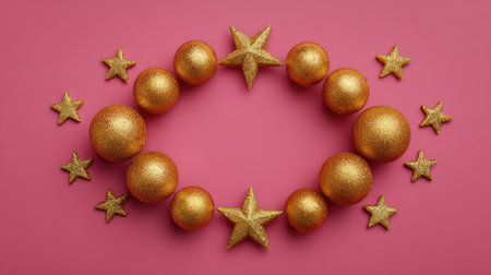 Flat lay of golden party decorations and stars forming a border with copy spaceの素材