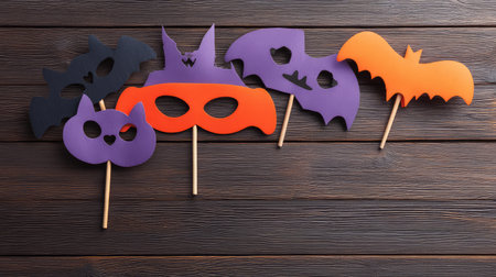 Flat lay of Halloween masks and decorations on a wooden surface with copy spaceの素材