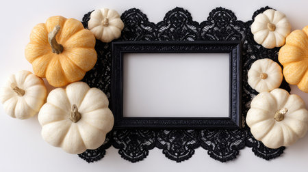 Black lace fabric and small pumpkins arranged in a frame with center blankの素材