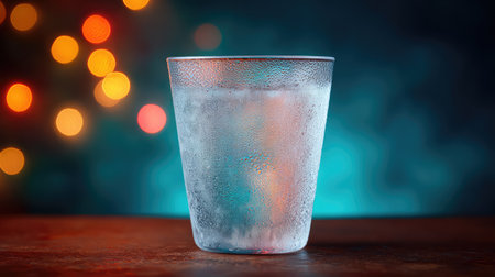 Frosty glass with festive lights behind and room for overlayの素材