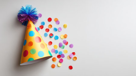 Party hat and noisemaker arrangement around clear white spaceの素材