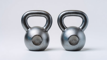 This image features two sleek metallic kettlebells positioned side by side, perfect for showcasing fitness equipment in promotional materials or workout content.の素材