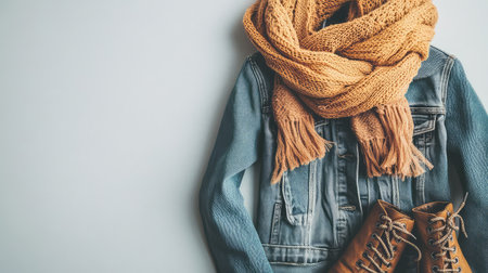 A collection of trendy fashion items such as a jacket, scarf, and boots, placed on a clean, neutral background with space for text.の素材