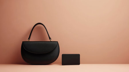 A chic black leather purse and a matching wallet placed on a soft background, with clear space for logos or copy.の素材