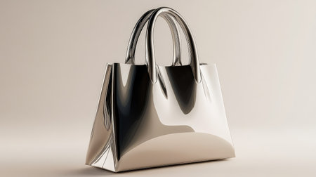 A close-up of a sleek handbag with a metallic finish, set on a neutral background, offering clear space for promotional copy.の素材