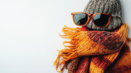 A fashionable scarf, sunglasses, and a hat arranged on a flat surface with clear space for copy or logo.の素材