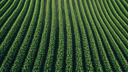A drone equipped with a camera capturing images of a soybean field from above, monitoring crop health for precision farming, open sky for textの素材