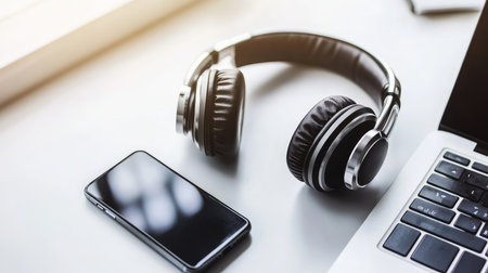 Modern workspace with wireless headphones, smartphone, and laptop on a white desk, top view with ample copy space for design or message. Digital communication conceptの素材